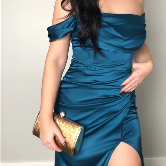 teal satin gown - Picture 5 of 13